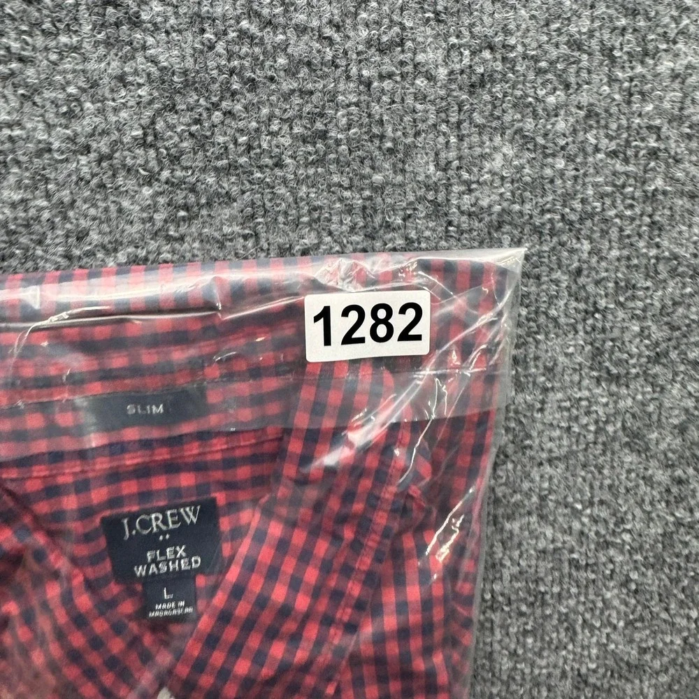 J.Crew Button-Down Shirt Mens Size L Red Navy Gingham Slim Fit Long‎ Sleeve Flex